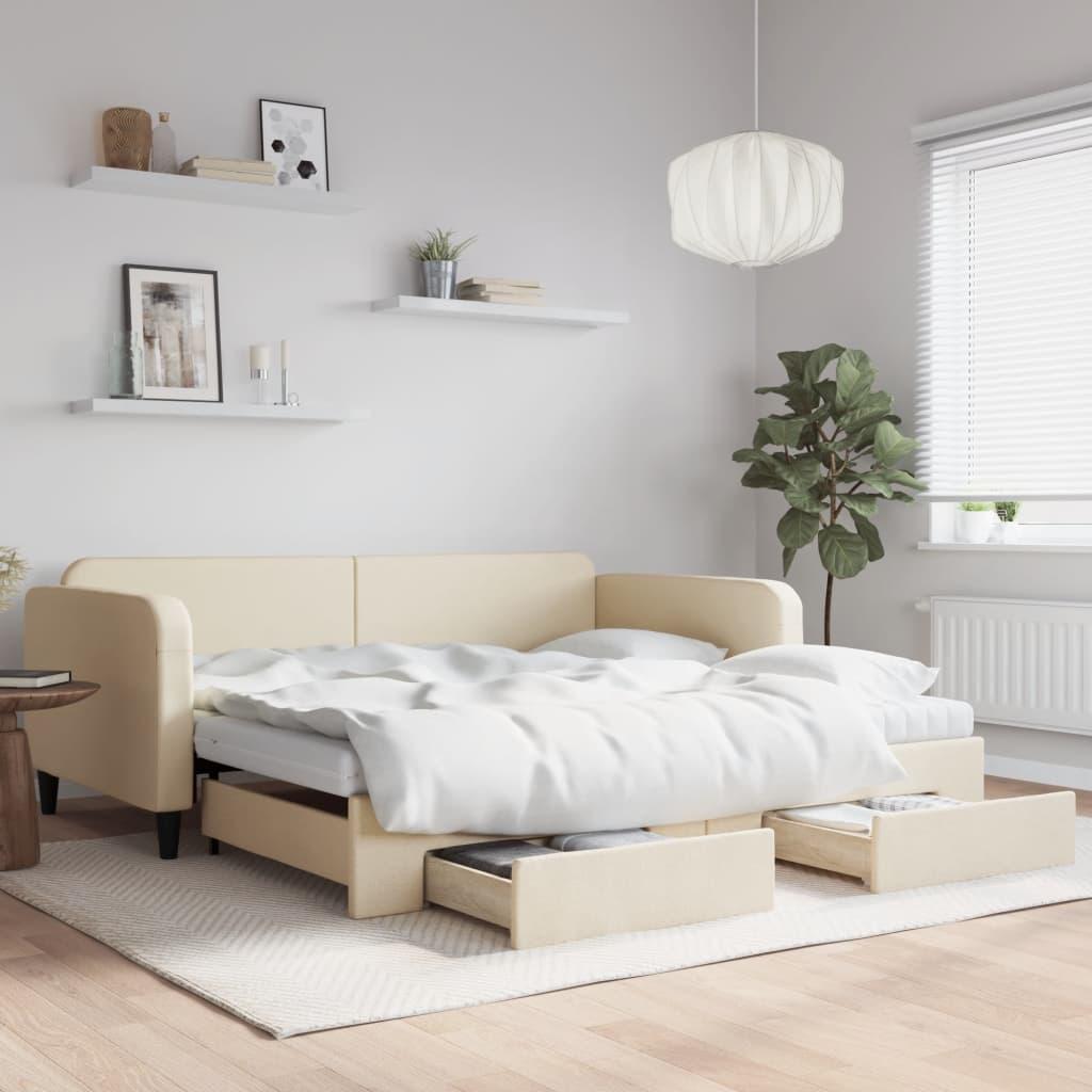 Daybed med udtræk og skuffer 100x200 cm stof cremefarvet billede