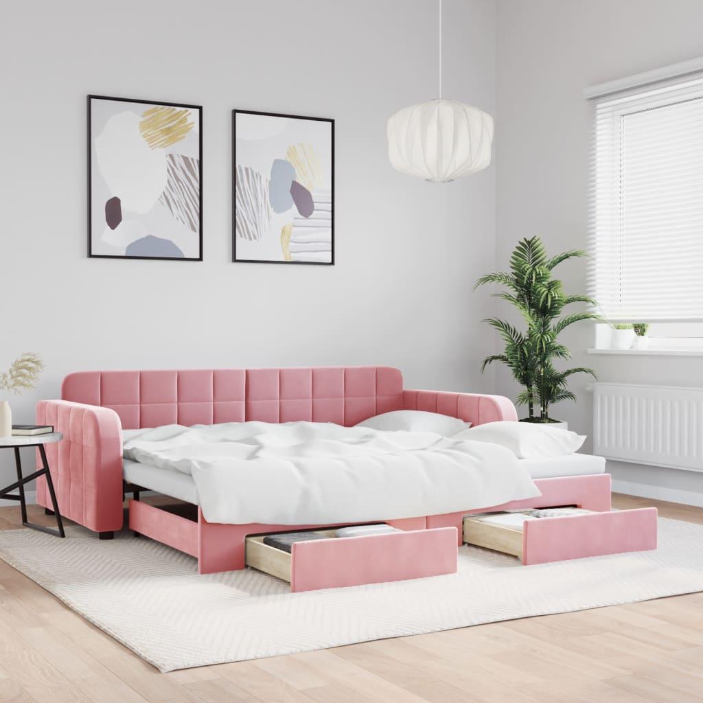 Daybed Velour Pink Lyserød - med udtræk og skuffe / 90 x 200 cm