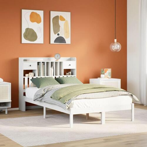Seng med reol uden madras 135x190 cm massivt fyrretræ hvid