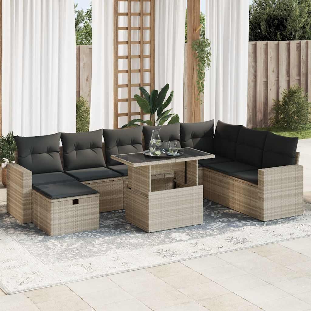 Sofasæt til haven 9 dele med hynder polyrattan lysegrå