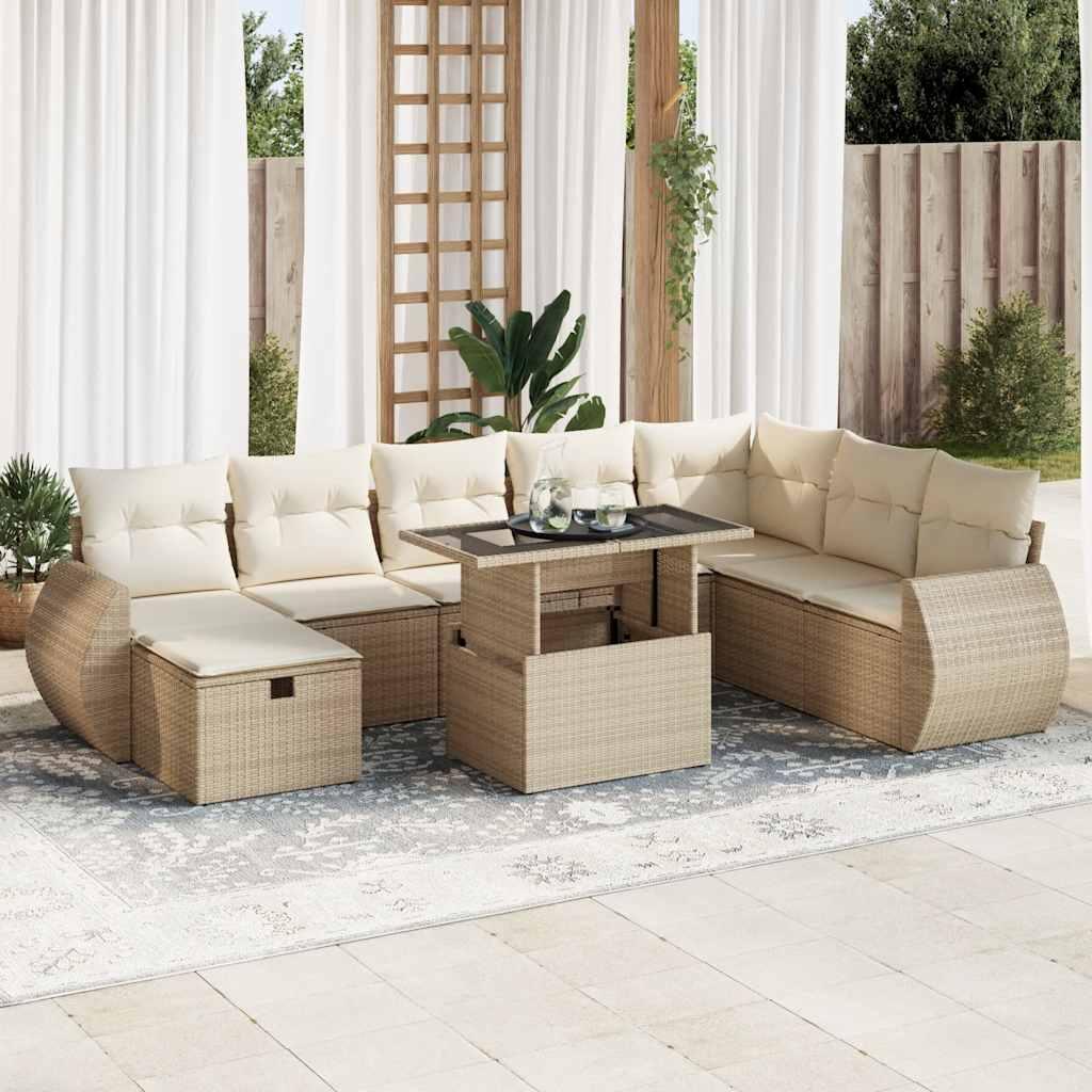 Sofasæt til haven 9 dele med hynder polyrattan beige