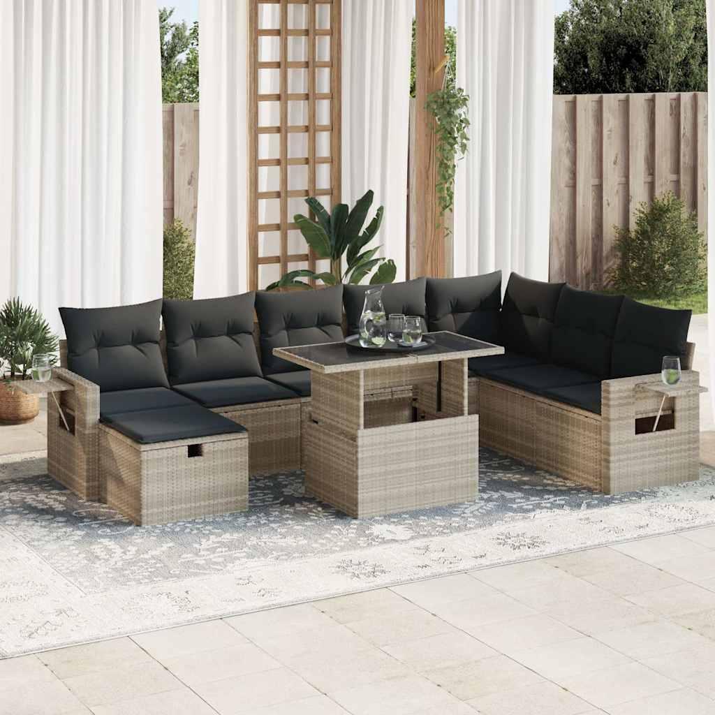 Sofasæt til haven 9 dele med hynder polyrattan lysegrå