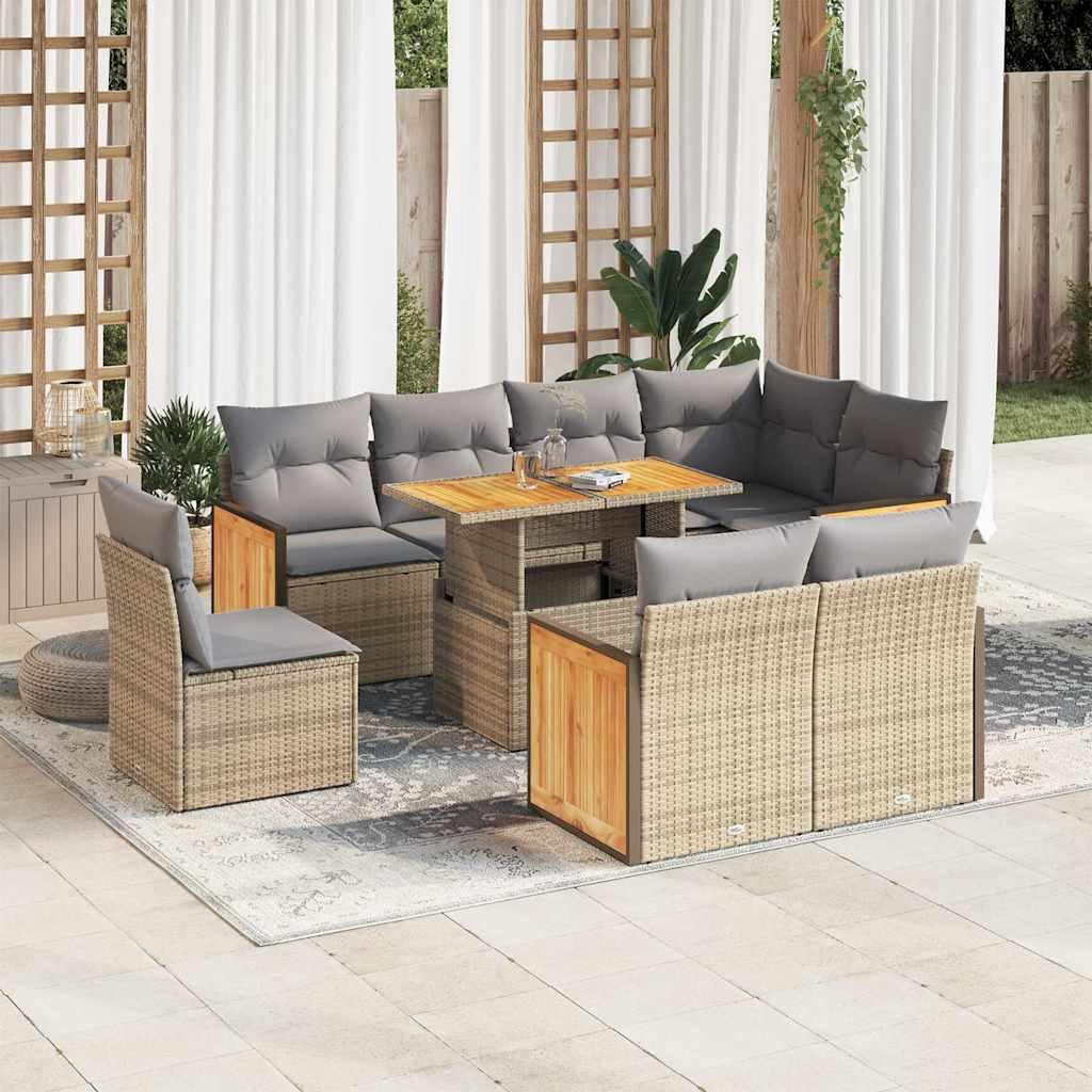 Sofasæt til haven 9 dele med hynder polyrattan akacietræ beige billede
