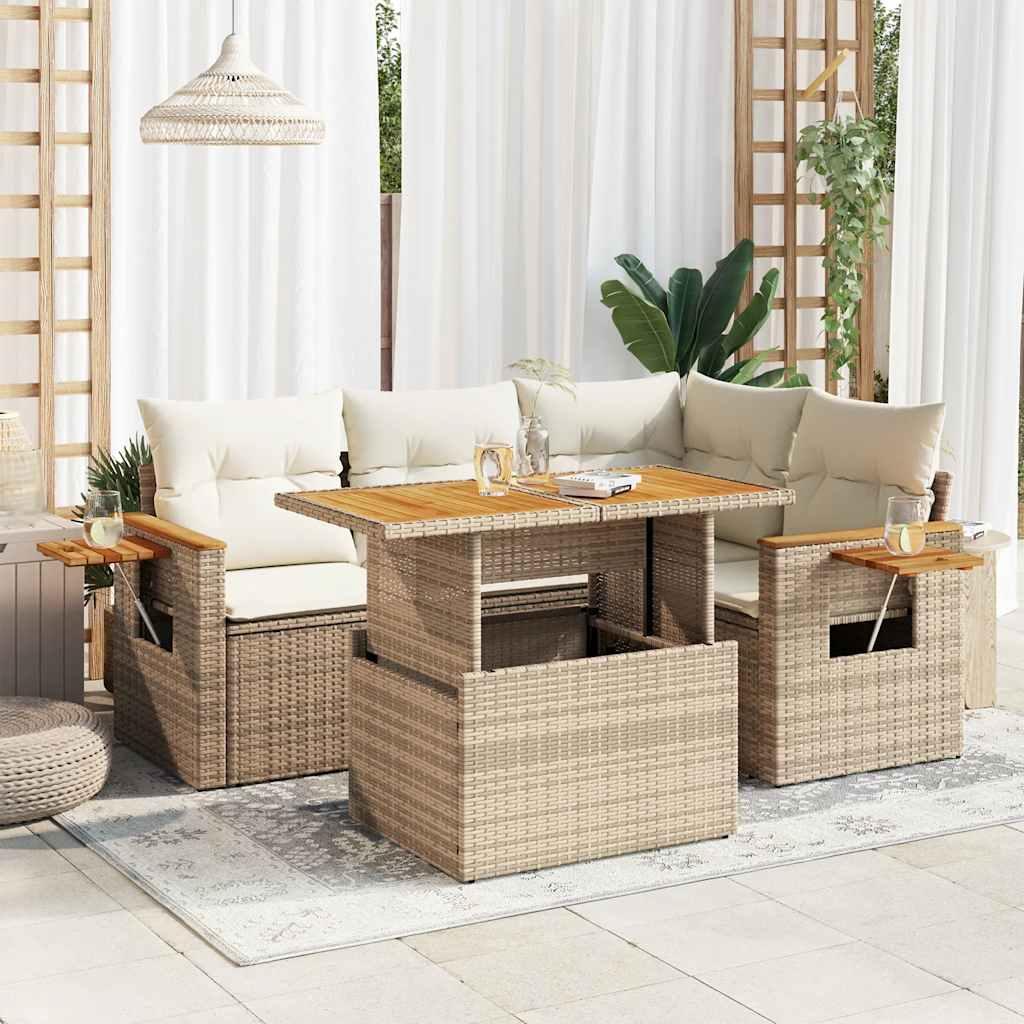 Sofasæt til haven 5 dele med hynder polyrattan og akacie beige billede