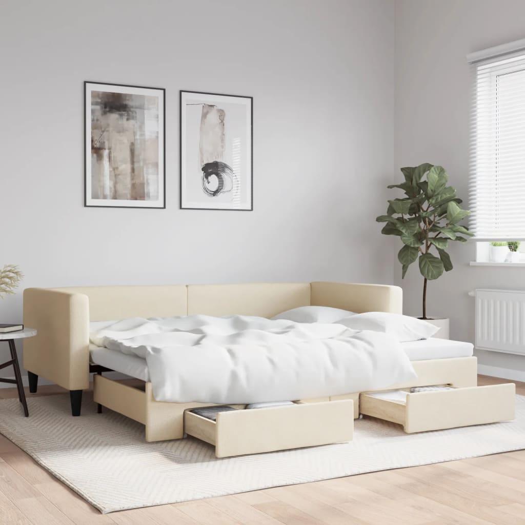 Daybed Stof Farvet Creme - med udtræk og skuffe / 90 x 200 cm