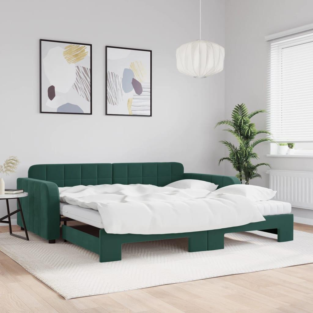 Daybed Velour Mørkegrøn - med udtræk og madras / 100 x 200 cm