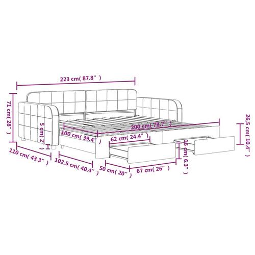 Daybed med udtræk og skuffer 100x200 cm velour blå