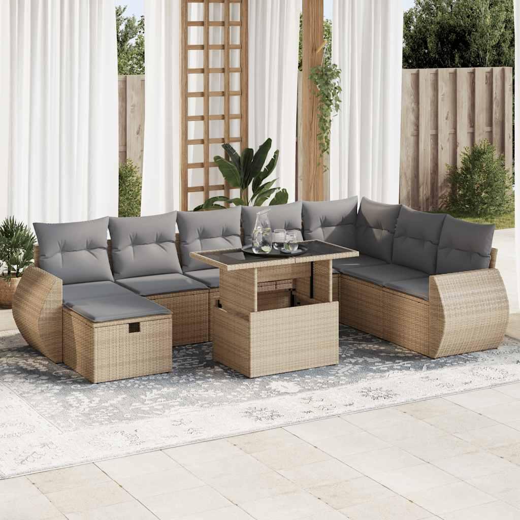 Sofasæt til haven 9 dele med hynder polyrattan beige