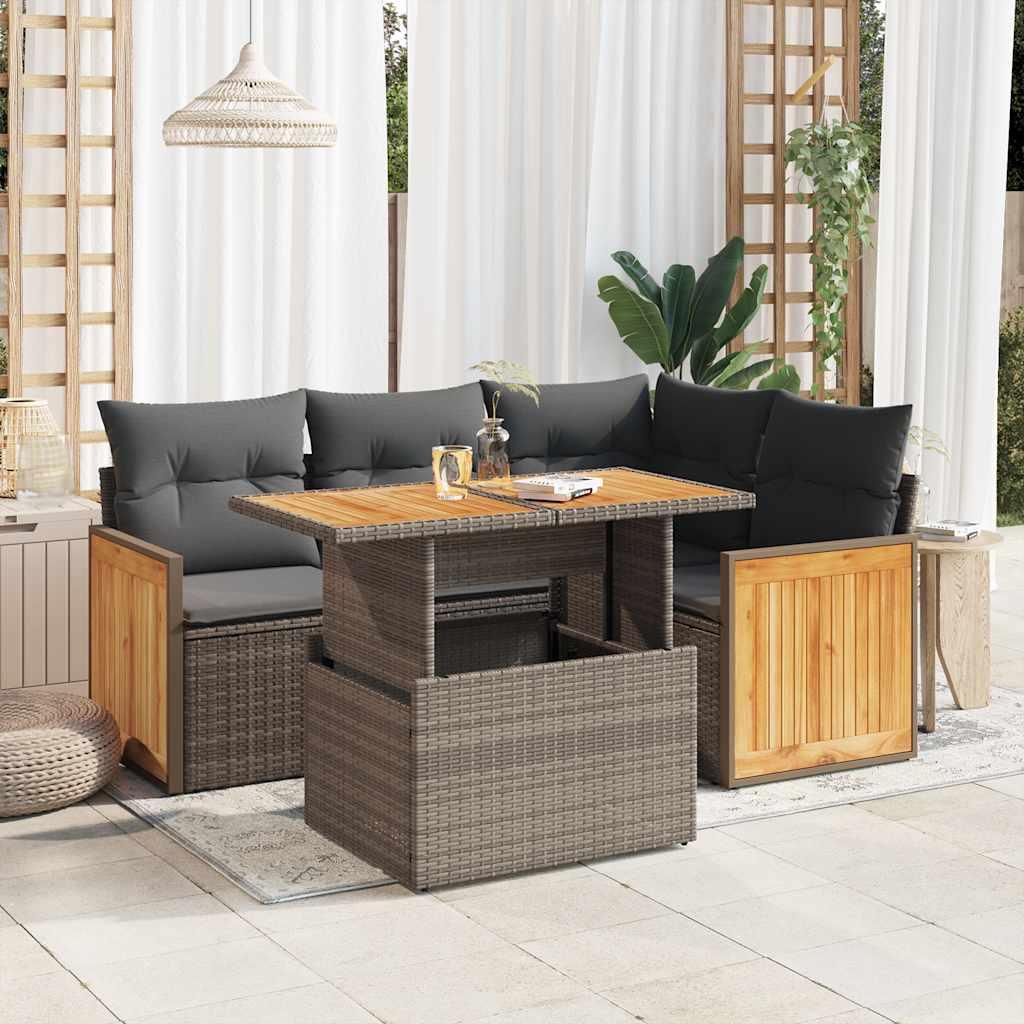 Sofasæt 5 dele med hynder polyrattan akacietræ grå billede