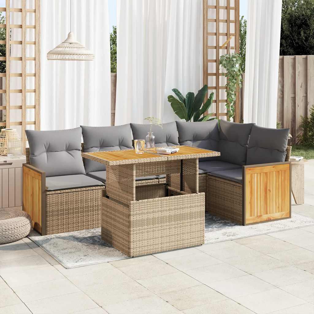 Havesofasæt i polyrattan og akacietræ - 6 dele med hynder, beige billede