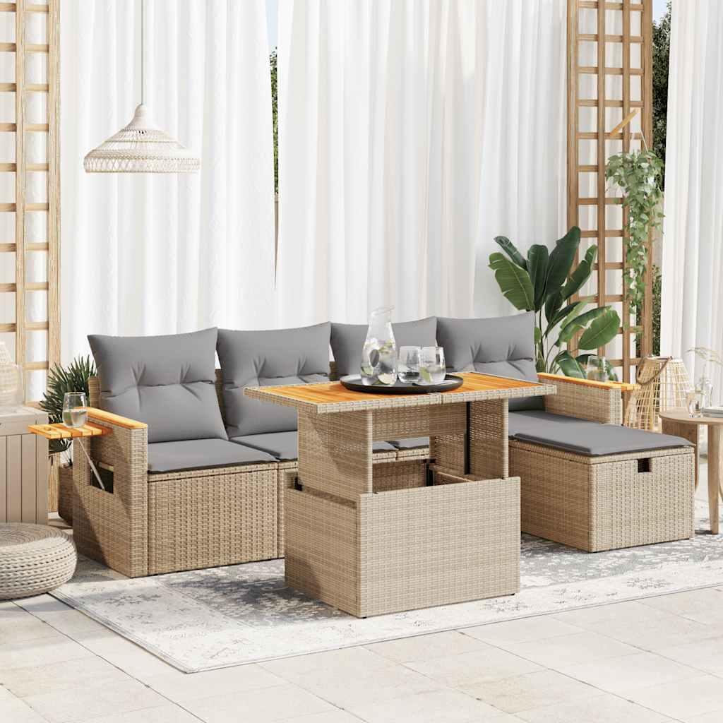 Sofasæt til haven 6 dele med hynder polyrattan beige