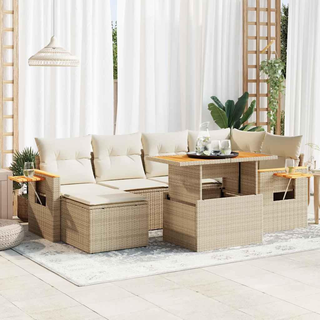 Sofasæt til haven 7 dele med hynder polyrattan akacietræ beige billede
