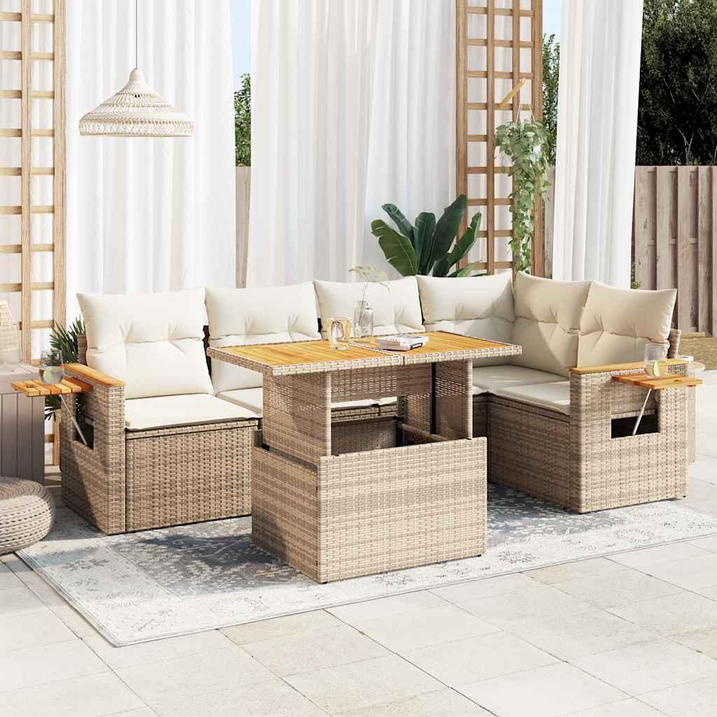 Sofasæt til haven 6 dele med hynder i polyrattan og akacietræ - beige
