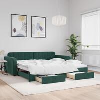 Daybed med udtræk og skuffer 100x200 cm velour mørkegrøn