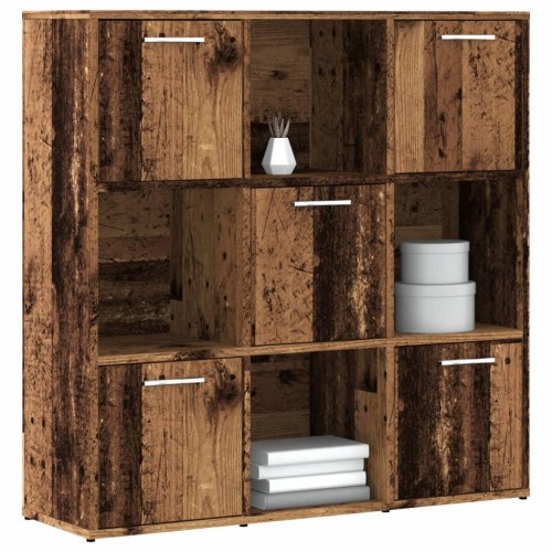 Bogreol 90×28×90 cm i konstrueret træ - antikt træ, 9 rum (5 med låger)