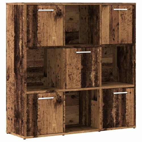 Bogreol 90×28×90 cm i konstrueret træ - antikt træ, 9 rum (5 med låger)