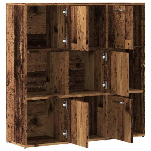 Bogreol 90×28×90 cm i konstrueret træ - antikt træ, 9 rum (5 med låger)