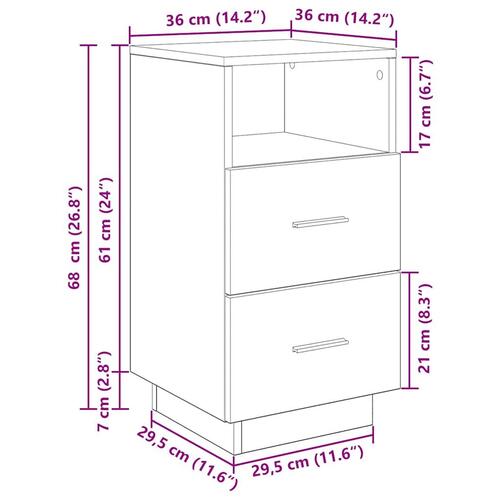 Sengebord med 2 skuffer 36x36x68 cm røget egetræsfarve
