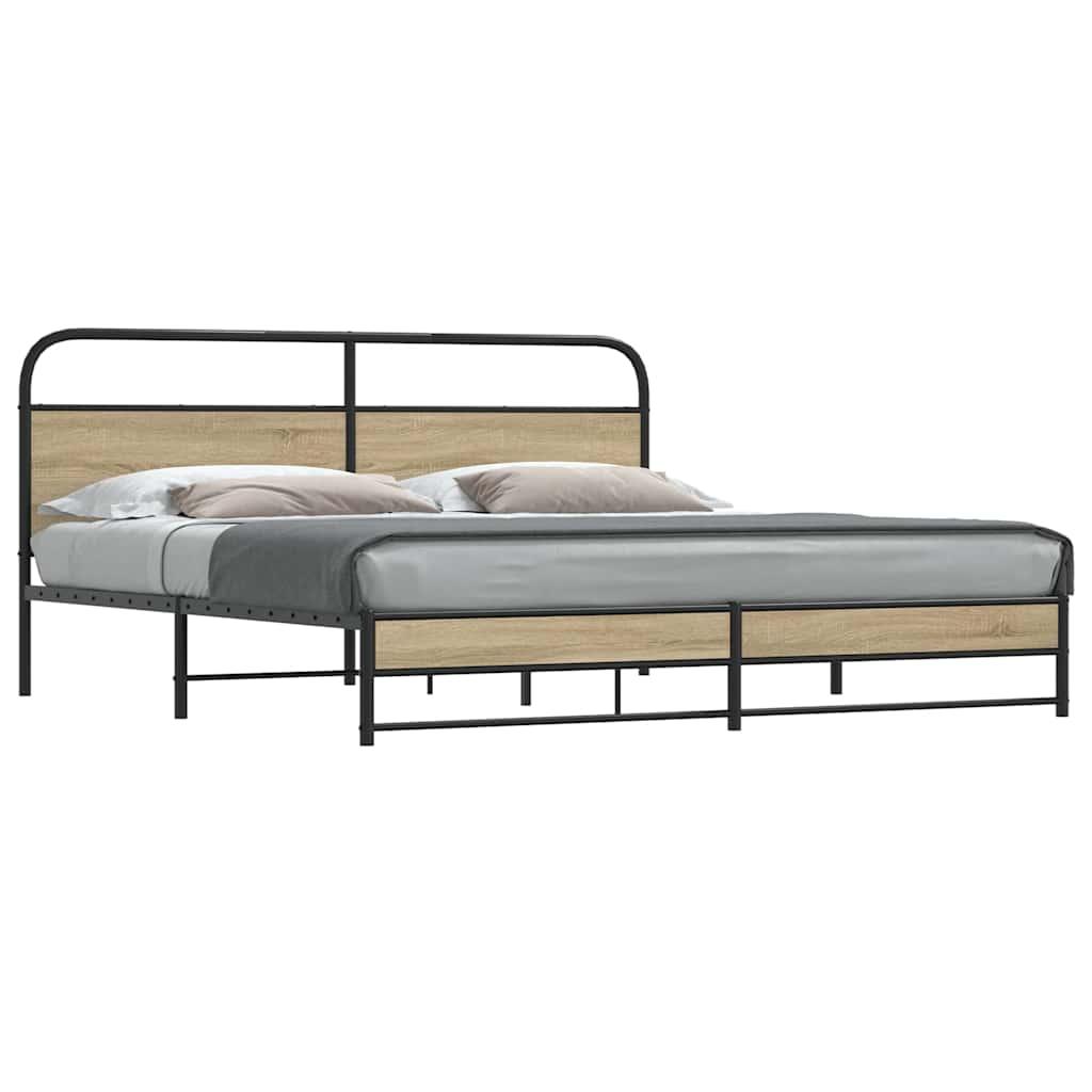 Sengeramme i metal med lamelbund 193x203 cm - røget egetræslook billede