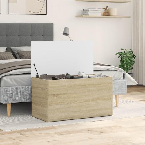 Opbevaringskasse 84x42x46 cm konstrueret træ hvid og sonoma-eg