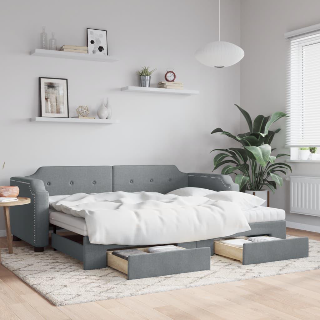 Daybed med udtræk og skuffer 100x200 cm stof lysegrå