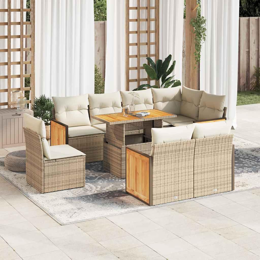 Sofasæt til haven 9 dele med hynder i polyrattan og akacietræ beige