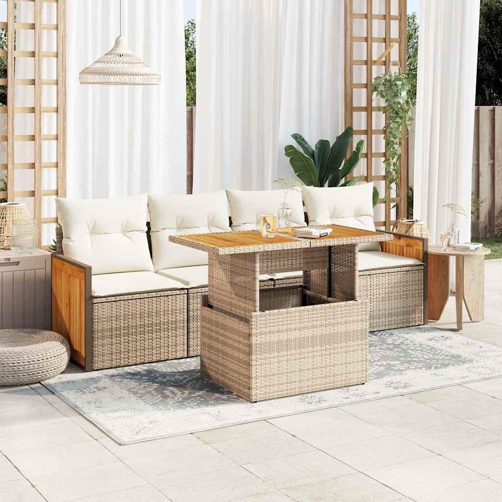Sofasæt til haven 5 dele med hynder polyrattan og akacie beige billede