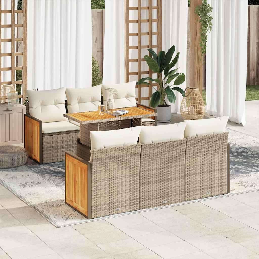 Sofasæt til haven 7 dele med hynder i polyrattan og akacietræ beige
