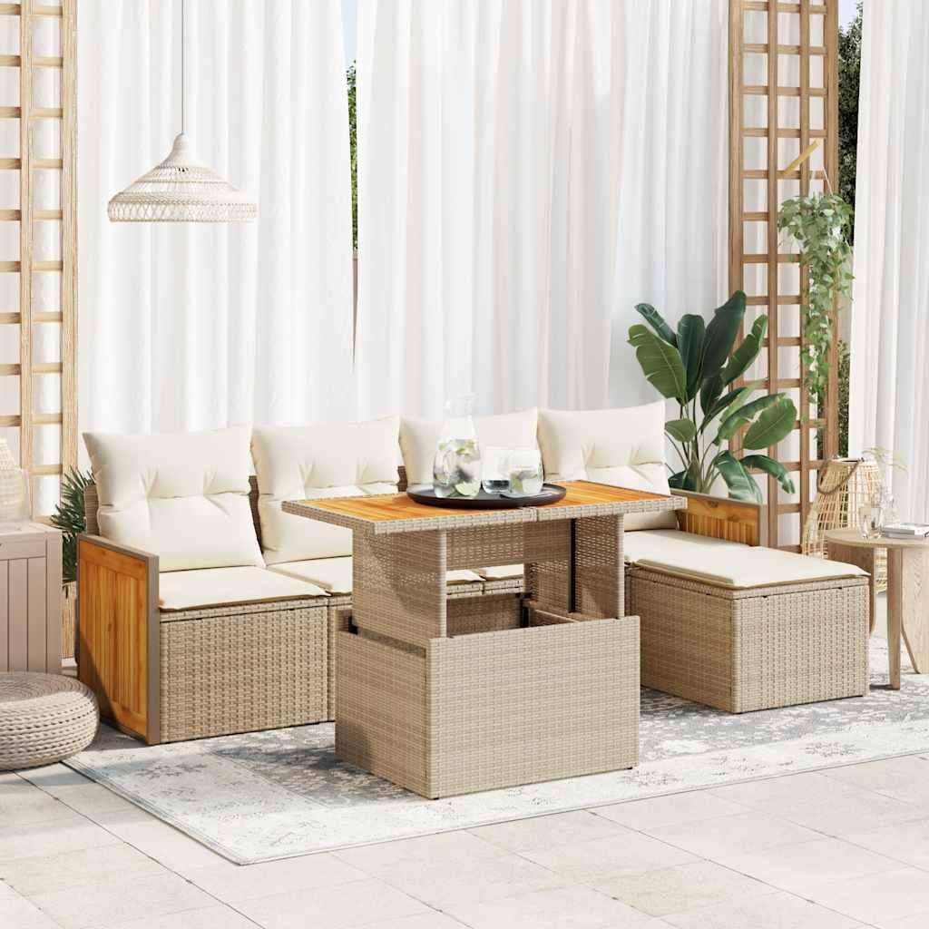 Sofasæt til haven 6 dele med hynder i polyrattan og akacietræ - beige