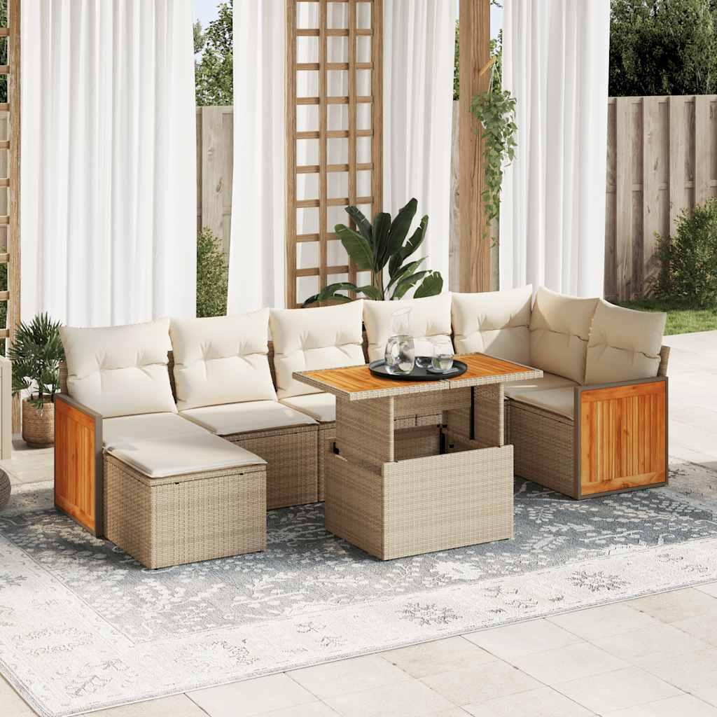 Sofasæt til haven 8 dele med hynder i polyrattan og akacietræ - beige