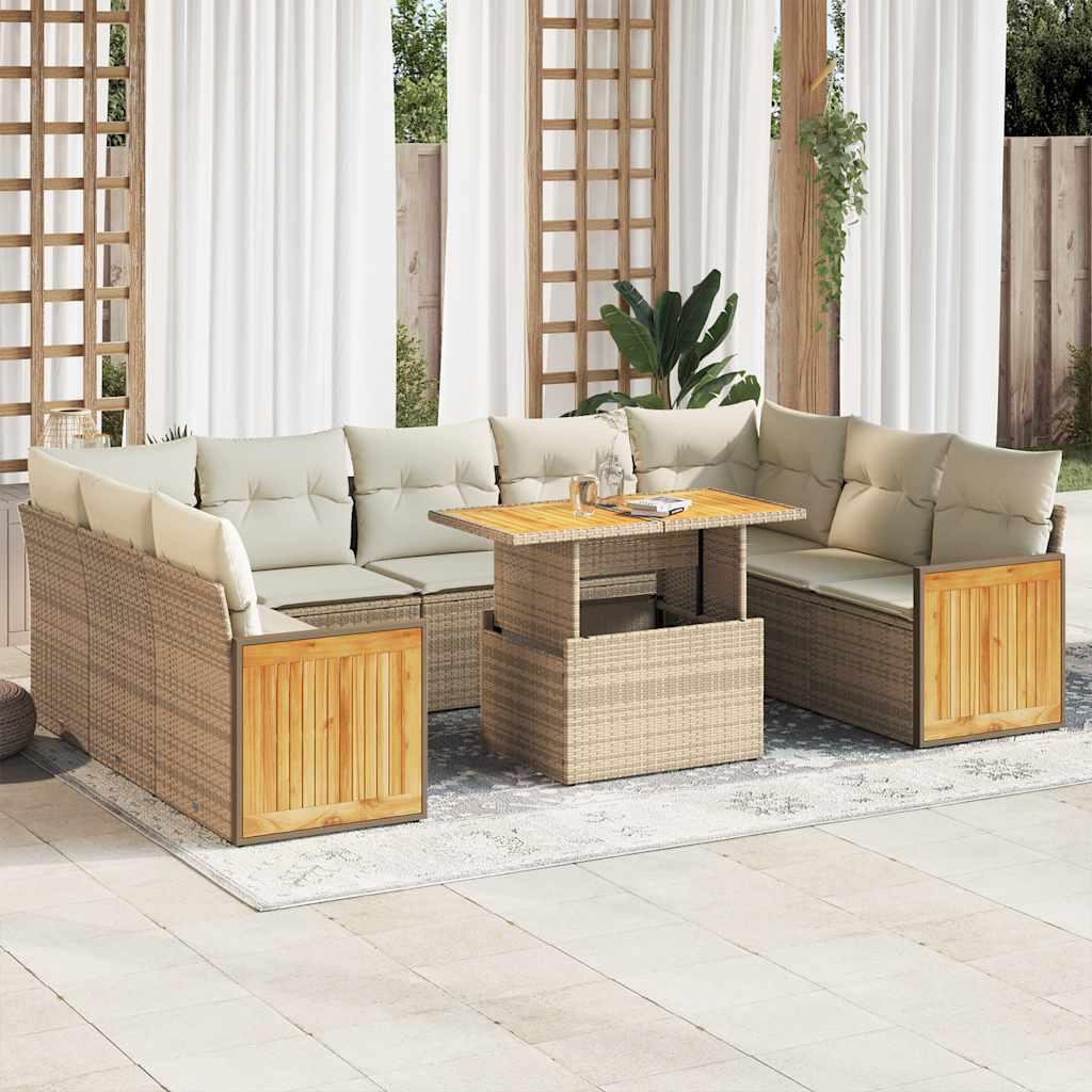 Havesofasæt 10 dele med hynder i polyrattan og akacietræ - beige