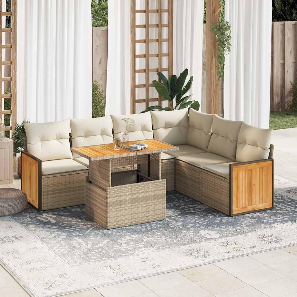 Sofasæt til haven 7 dele med hynder i polyrattan og akacietræ beige
