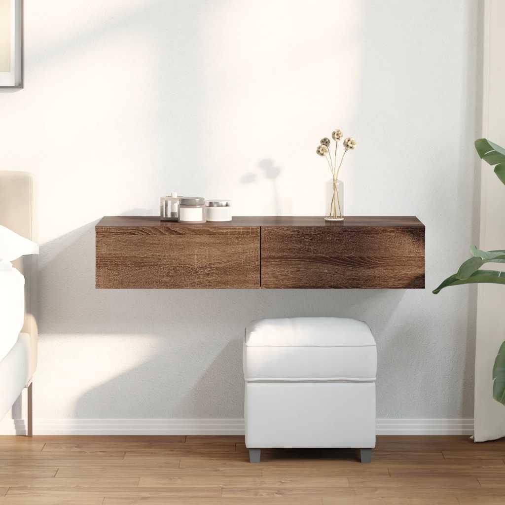 Væghylde med skuffer 100x36x19 cm konstrueret træ brun eg