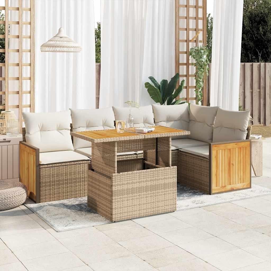 Havesofasæt 6 dele med hynder i polyrattan og akacietræ - beige