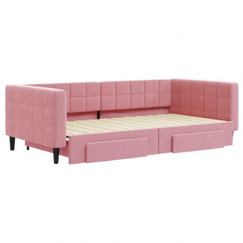 Daybed med udtræk og 2 skuffer 100 x 200 cm velour - lyserød