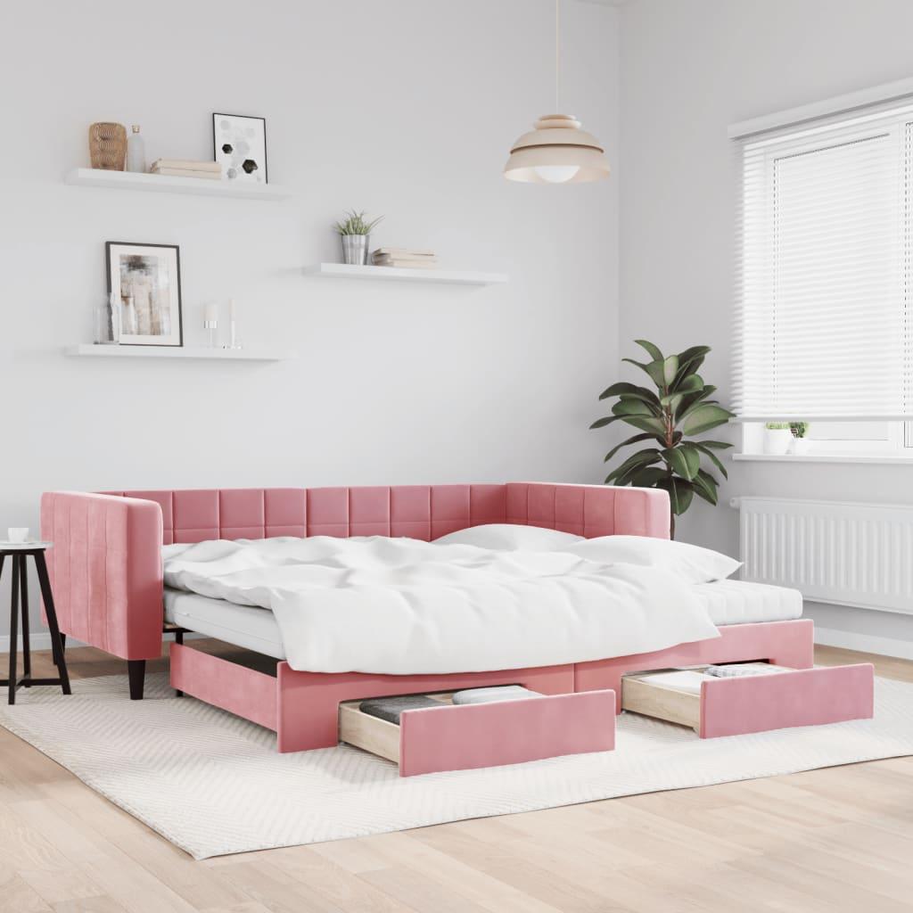 Daybed Velour Pink Lyserød - med udtræk og skuffe og madras / 100 x 200 cm