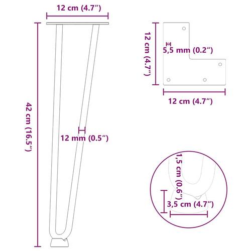 Hårnåle bordben 4 stk. 42 cm massivt stål hvid
