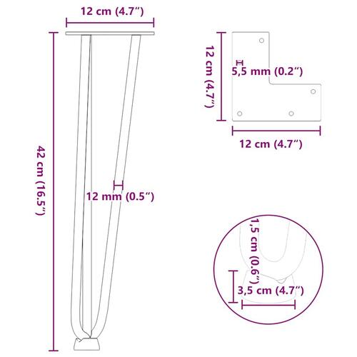 Hårnåle bordben 4 stk. 42 cm massivt stål sort