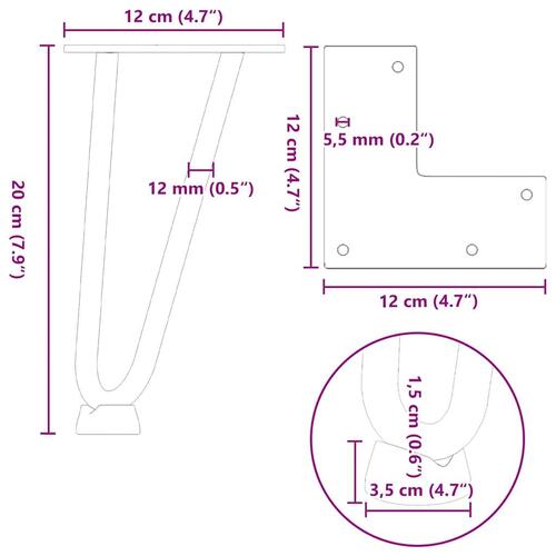 Hårnåle bordben 4 stk. 20 cm massivt stål hvid
