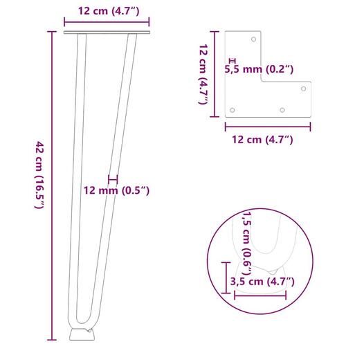 Hårnåle bordben 4 stk. 42 cm massivt stål sort