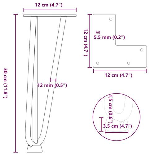 Hårnåle bordben 4 stk. 30 cm massivt stål sort