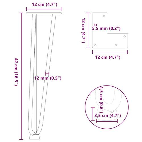 Hårnåle bordben 4 stk. 42 cm massivt stål hvid