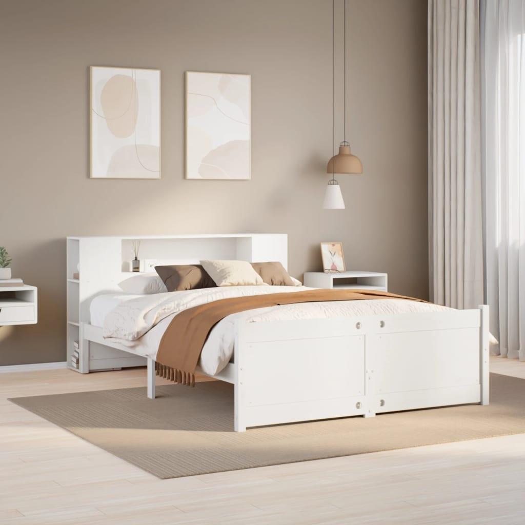 Seng med reol uden madras 160x200 cm massivt fyrretræ hvid billede