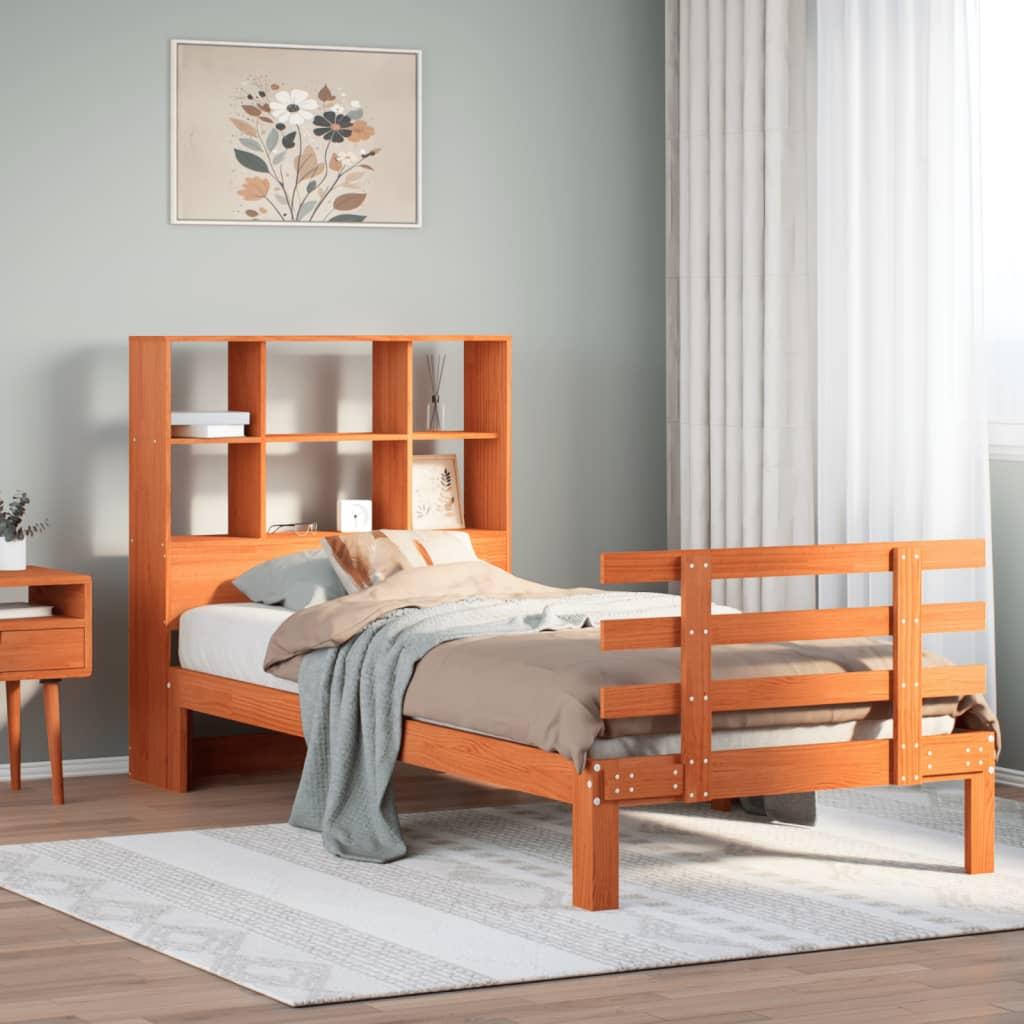Seng med reol uden madras 75x190 cm massivt fyrretræ gyldenbrun billede