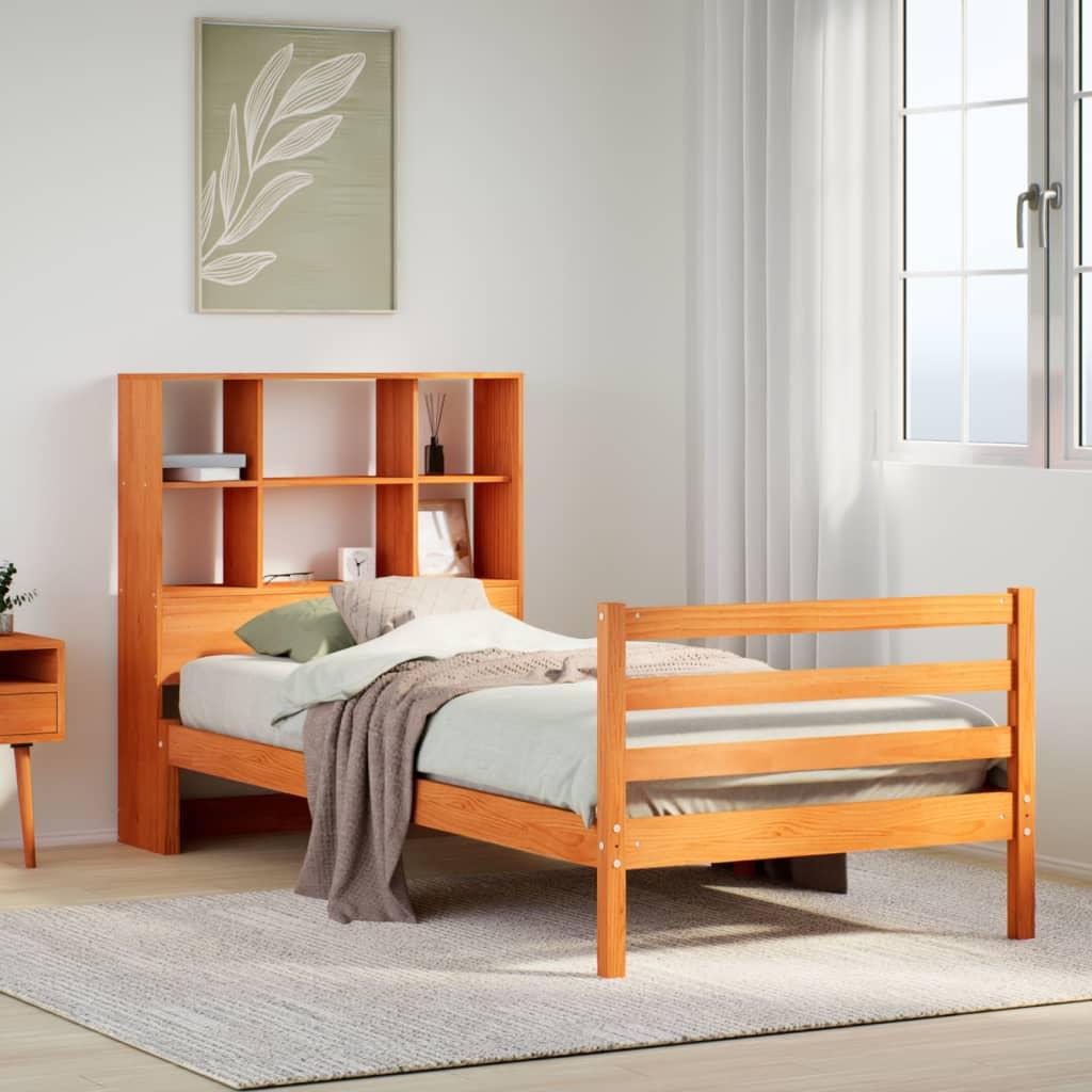Seng med reol uden madras 75x190 cm massivt træ gyldenbrun billede