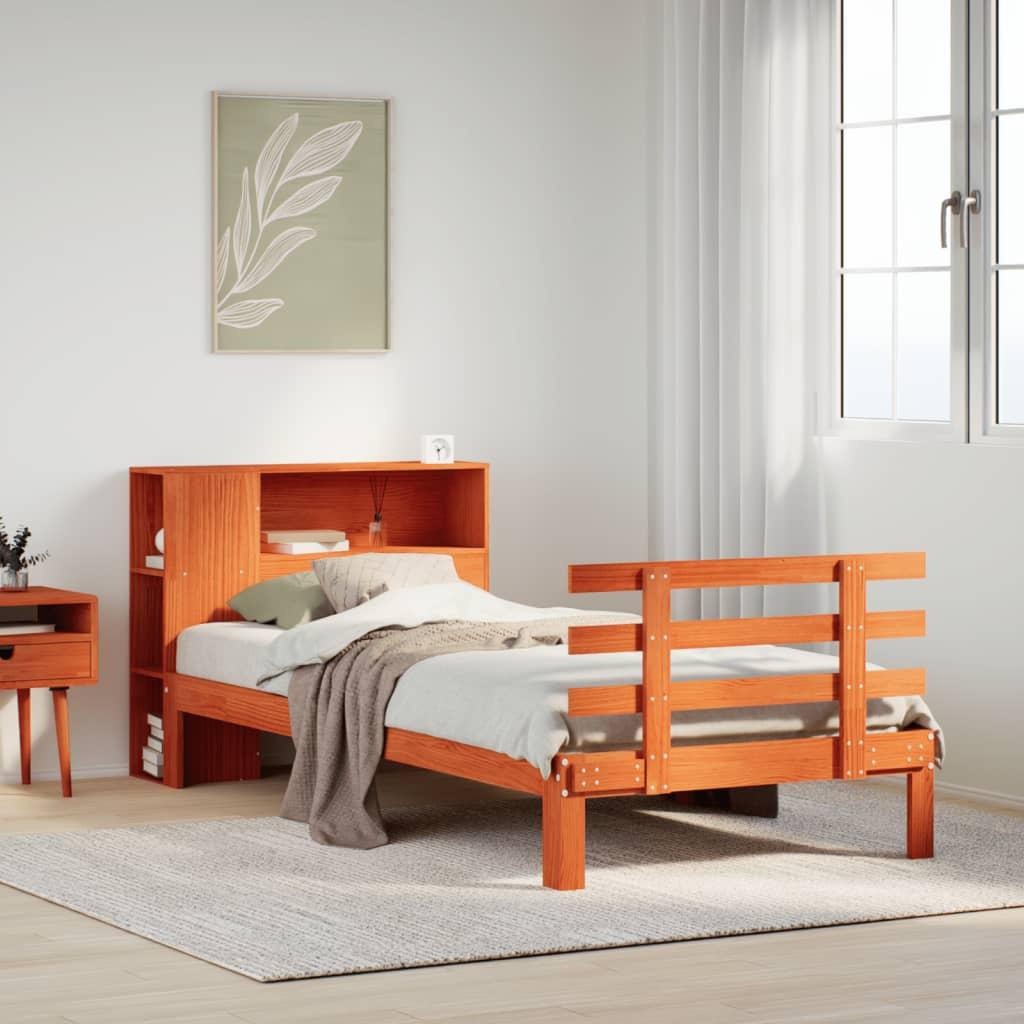 Seng med reol uden madras 100x200cm massivt fyrretræ gyldenbrun billede