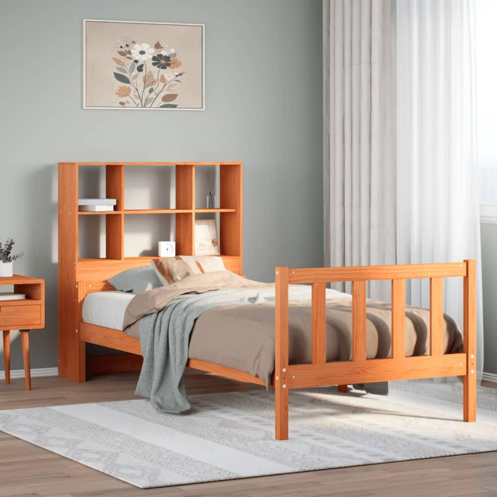 Seng med reol uden madras 75x190 cm massivt træ gyldenbrun billede