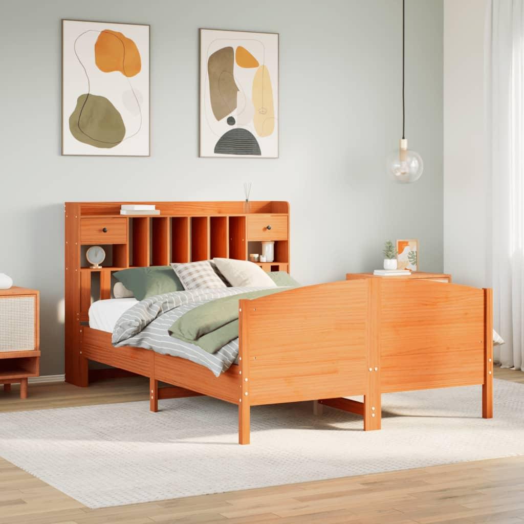 Seng med reol uden madras 160x200cm massivt fyrretræ gyldenbrun billede
