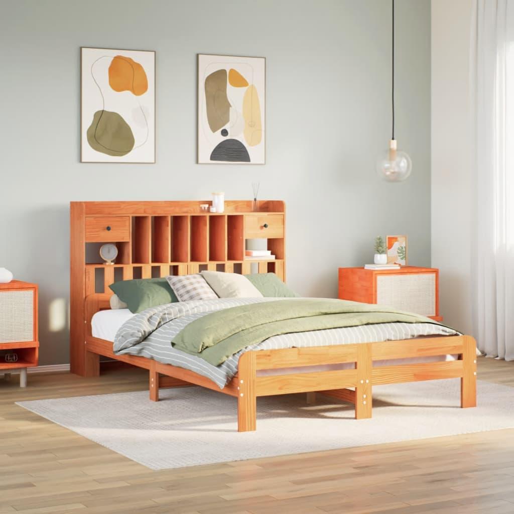 Seng med reol uden madras 140x200cm massivt fyrretræ gyldenbrun billede