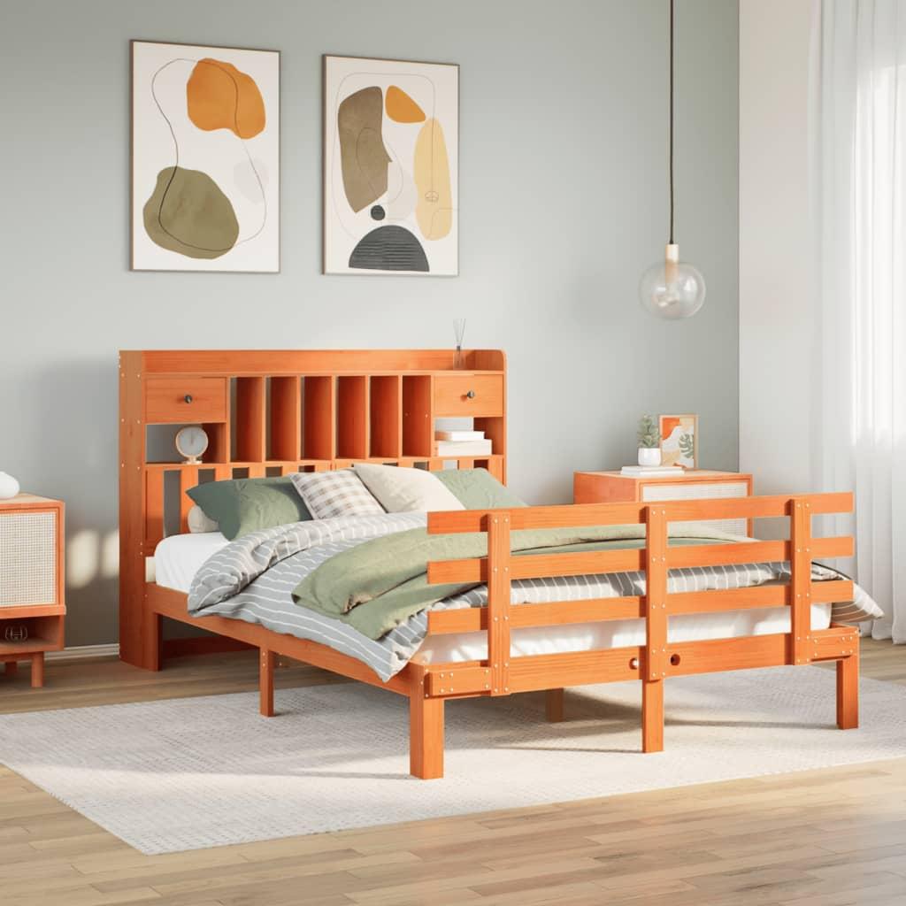 Seng med reol uden madras 140x190cm massivt fyrretræ gyldenbrun billede